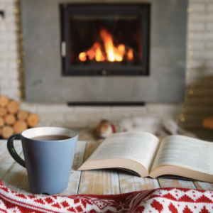 mug and fireplace in front of fireplace