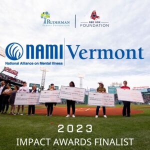 five people stand on baseball field on a cloudy day holding oversized fake checks. text: 2023 impact awards finalist. superimposed logos for nami vermont, red sox foundation, and ruderman family foundation