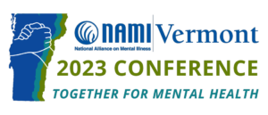 nami vermont 2023 conference together for mental health. outline of the state of vermont with a line drawing of two hands grasping each other