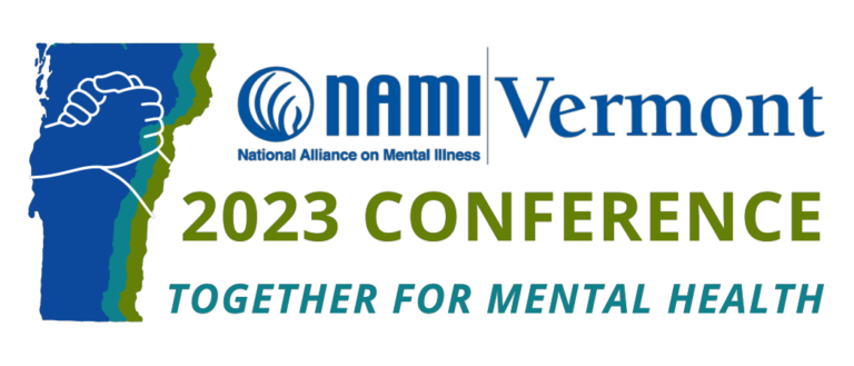 nami vermont 2023 conference together for mental health. outline of the state of vermont with a line drawing of two hands grasping each other