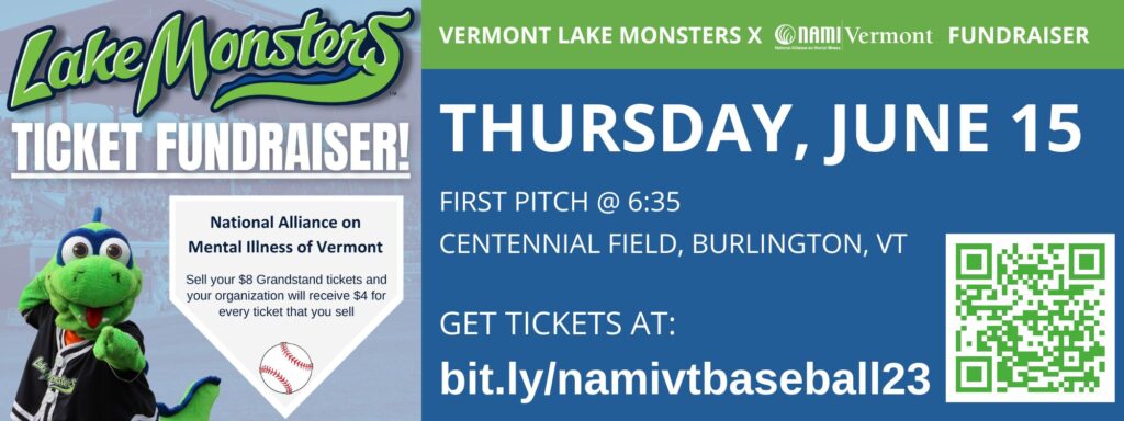 text: lake monsters ticket fundraiser with nami vermont. first pitch at 6:35 p.m. centenniel field, burlington, vermont. get tickets at bit.ly/namivtbaseball23. green serpent mascot wearing baseball jersey points at screen.